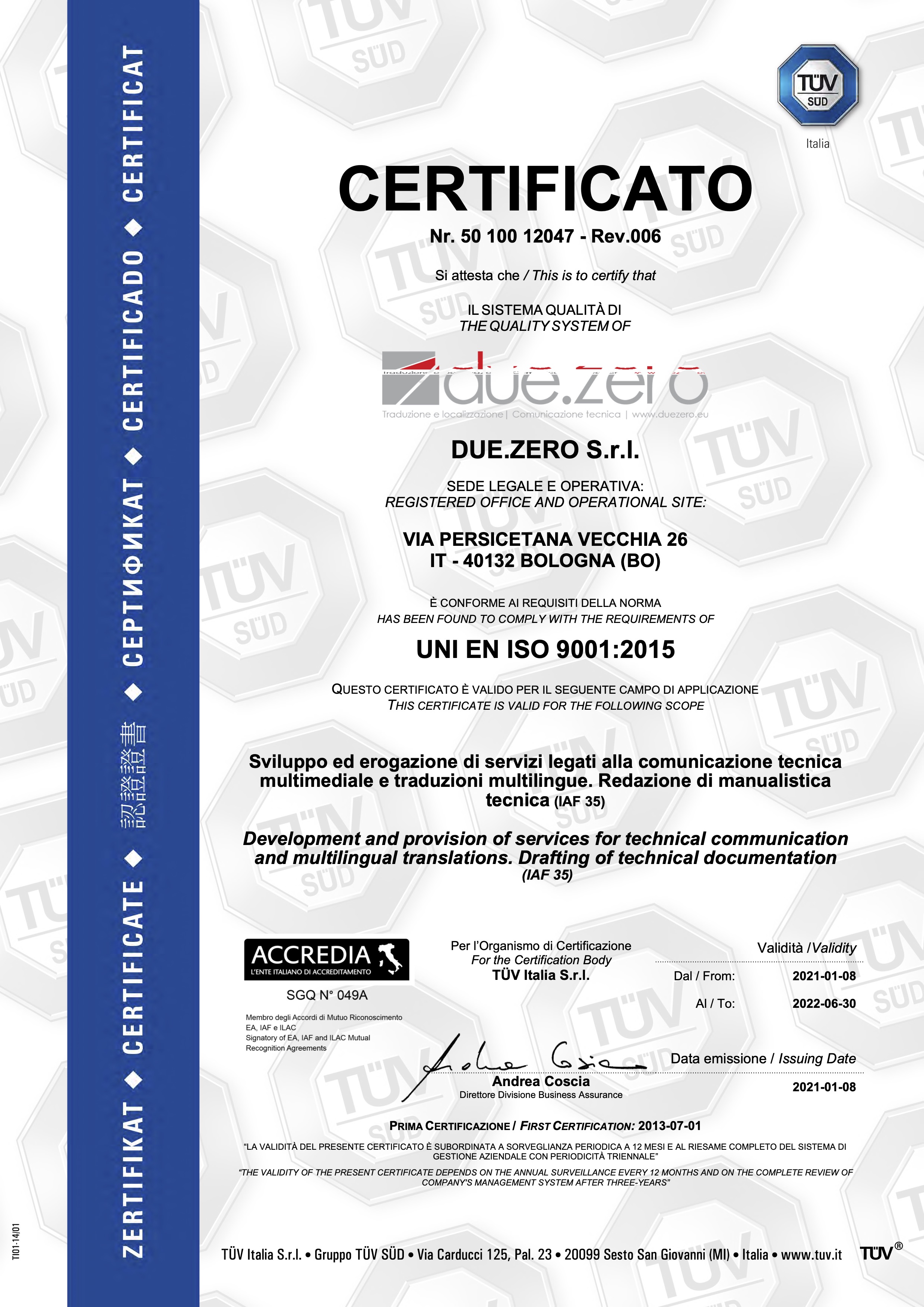Certificato 9001 Duezero